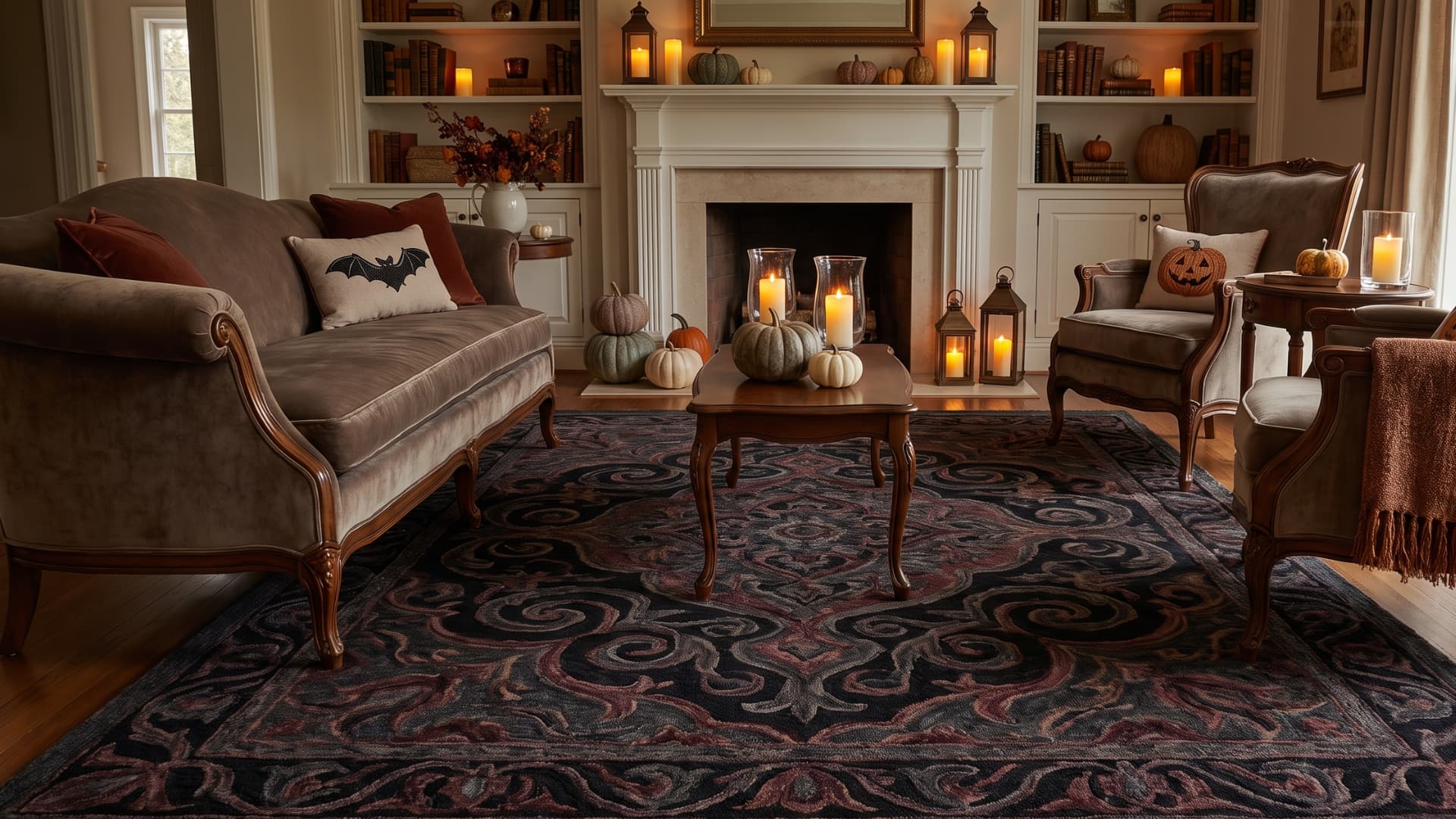 Seating area grounded by a dark marble-patterned rug with sofa legs resting on top.