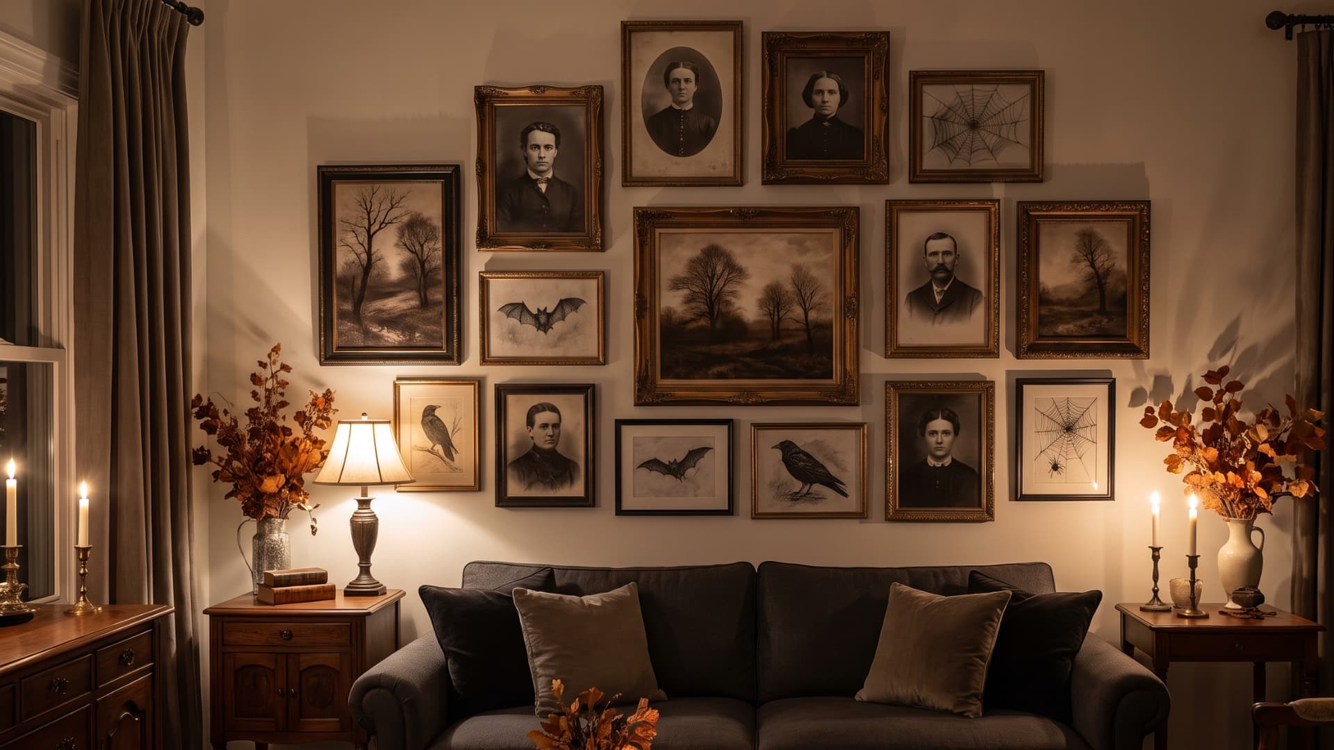 Gallery wall featuring framed vintage dark art prints, black-and-white photos, and moody landscape paintings.