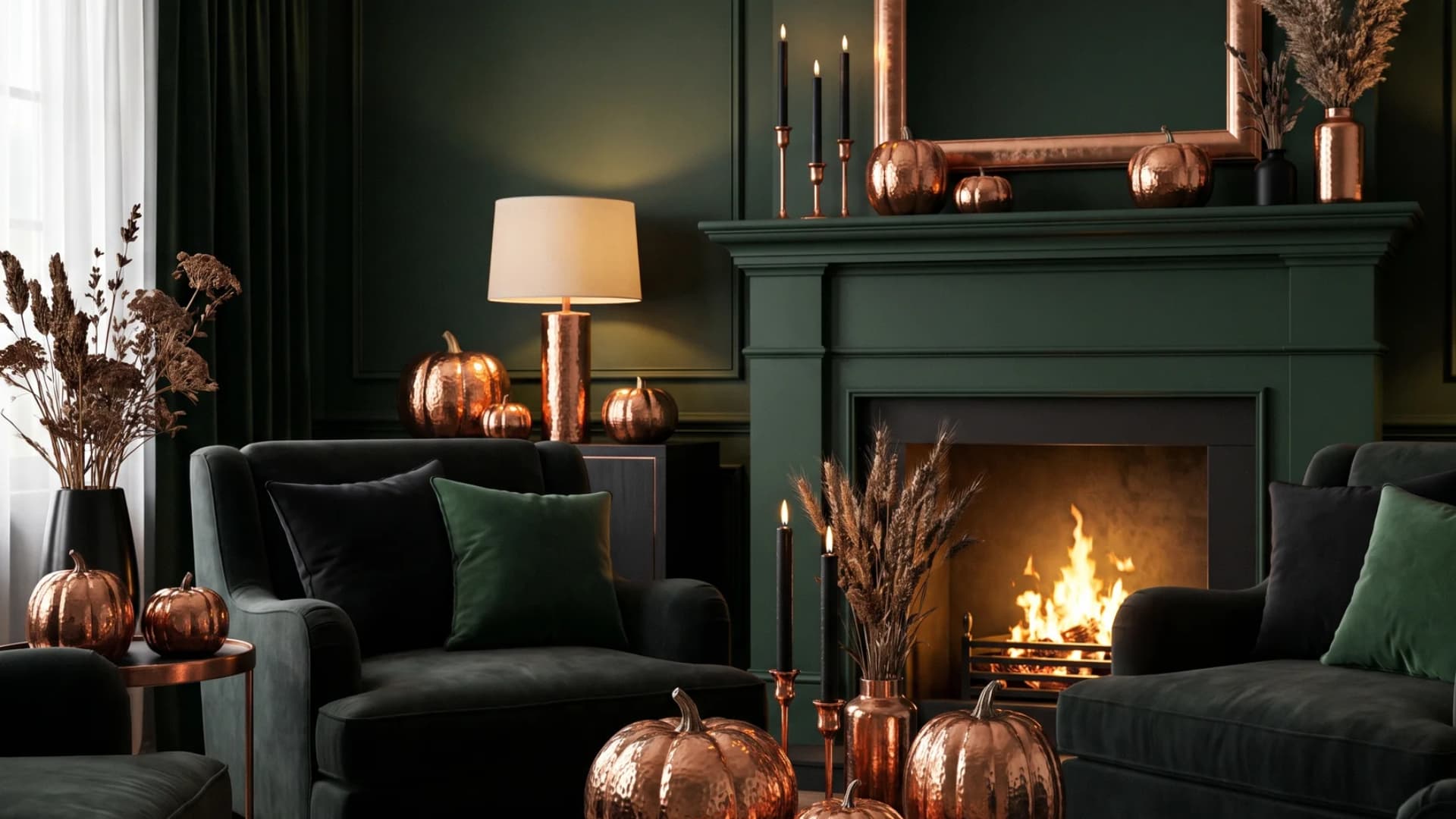 Living room Halloween arrangement using a refined color scheme of metallic gold, deep green, and black accents.