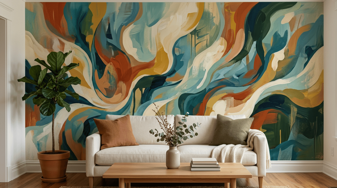 abstract artistic wallpaper with soft painterly strokes and layered colors creating an expressive feature wall