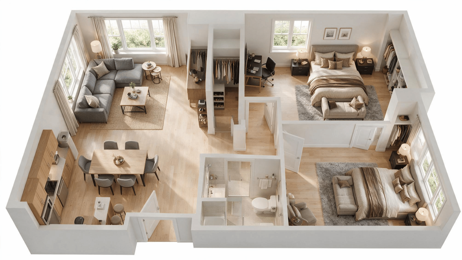 accessible 2 bedroom apartment layout with furnished rooms wide doors and clear circulation spaces