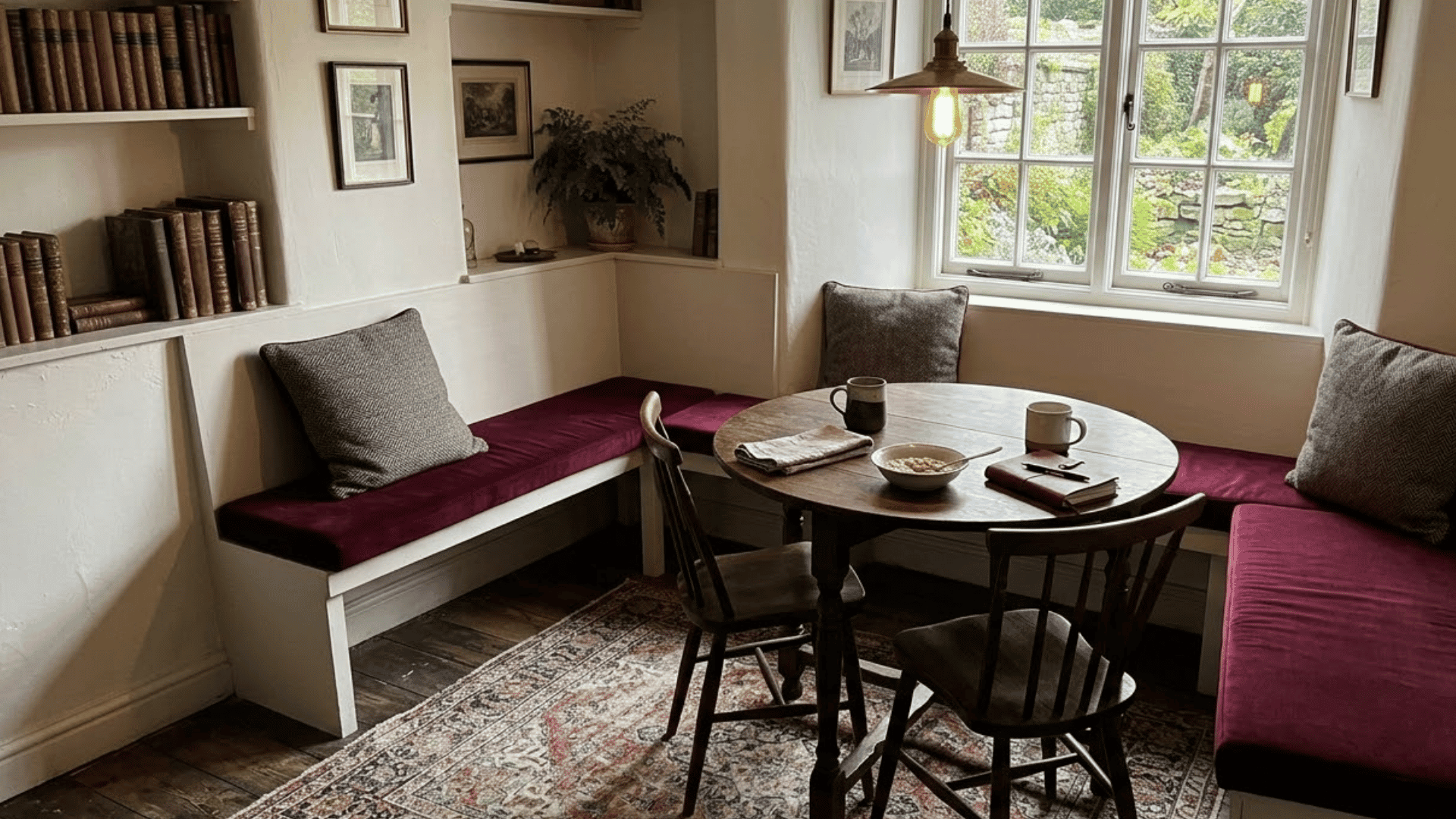 dark academia breakfast nook with persian rug herringbone cushions and burgundy seating