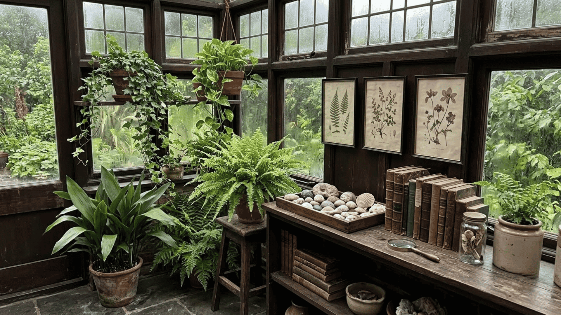 dark academia conservatory with ivy ferns pothos pressed botanicals stones and wooden stands