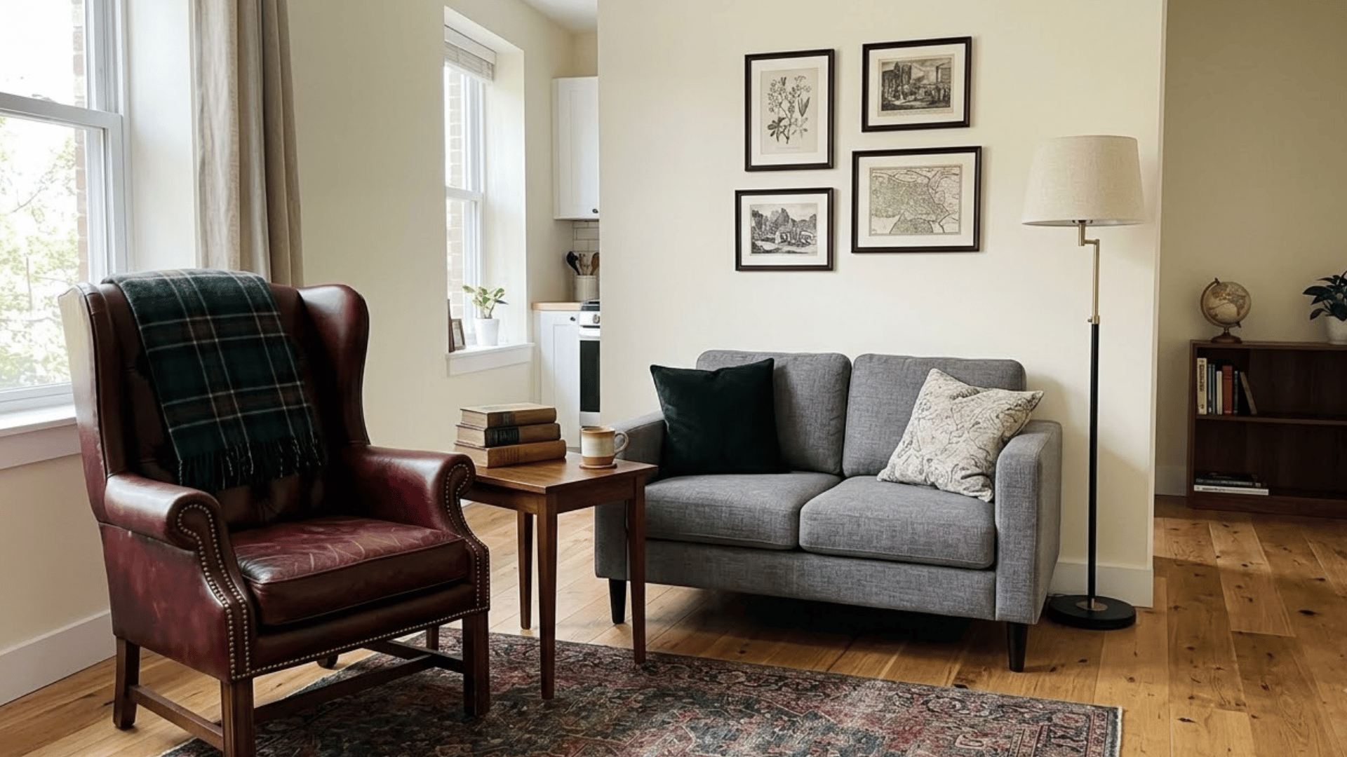 modern studio apartment with a traditional leather chair and simple dark academia decor