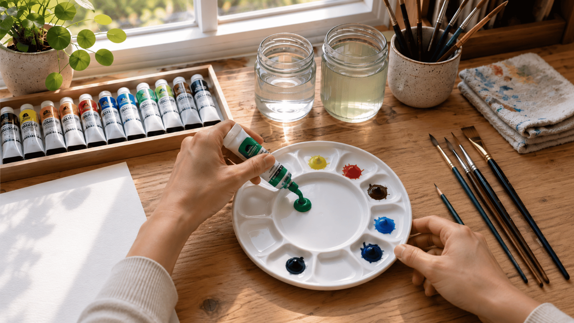 hands squeezing green gouache paint into the center of a clean palette beside brushes and painting supplies
