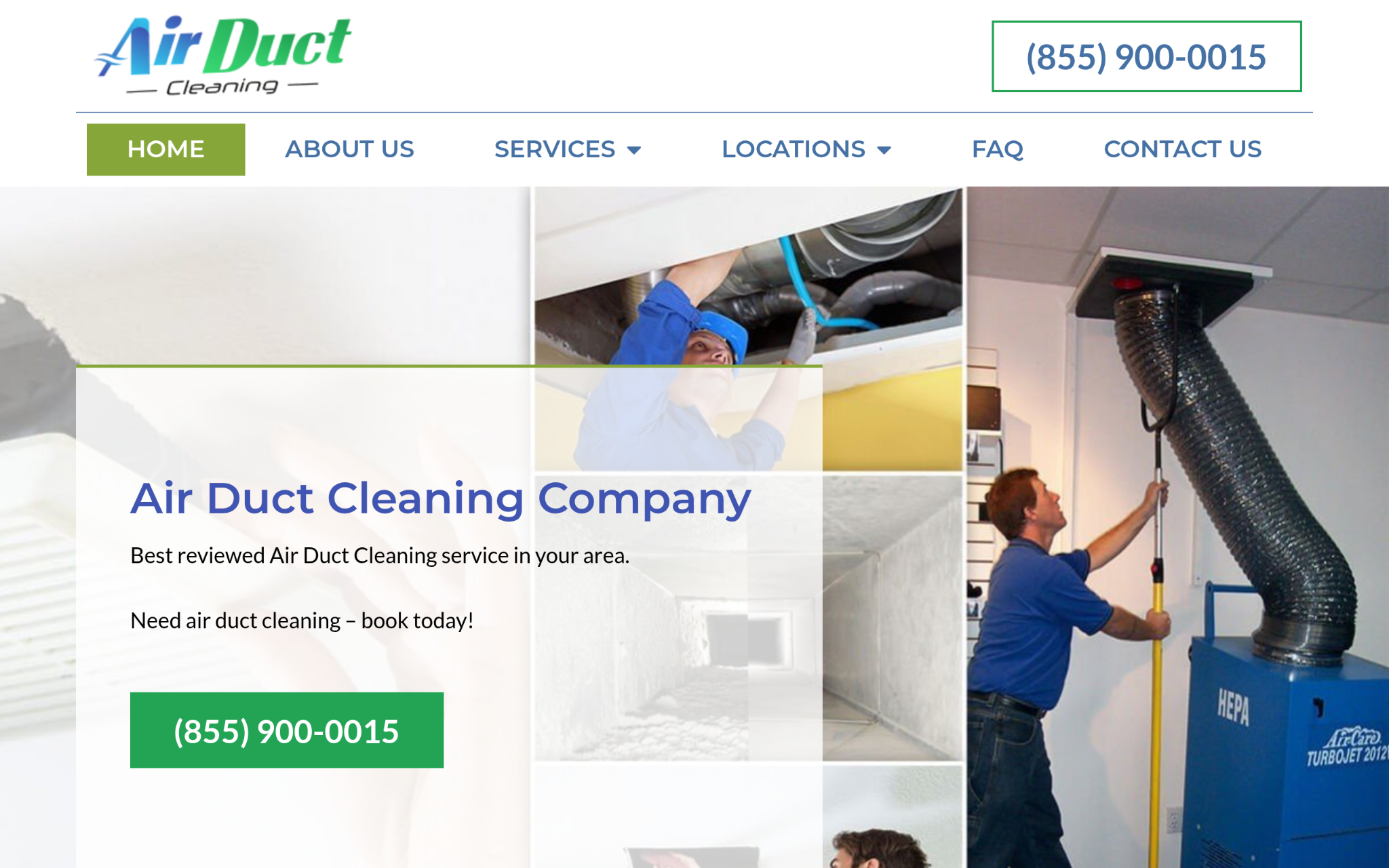 Technician in blue shirt cleaning air duct with industrial vacuum in office setting