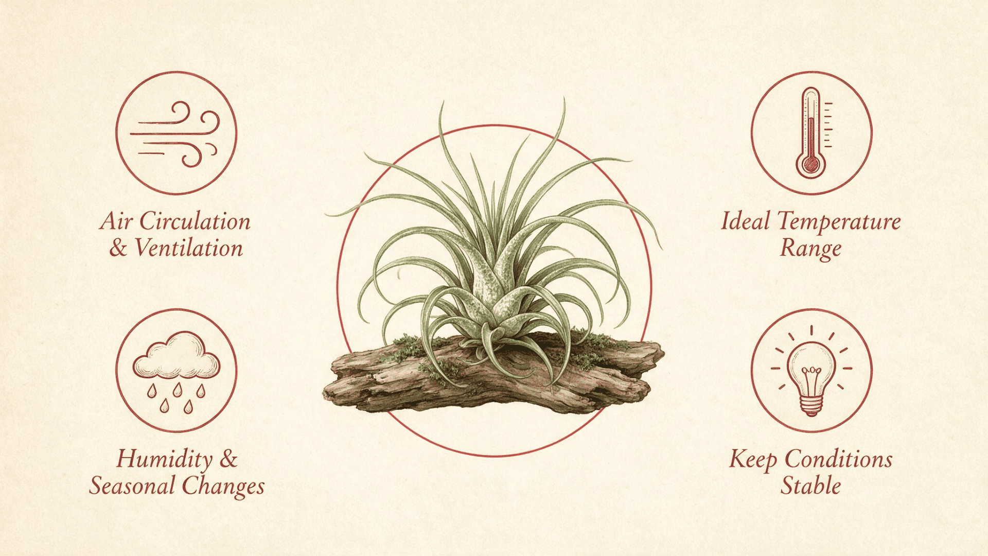 infographic showing air circulation, temperature, humidity, and stability tips for air plants