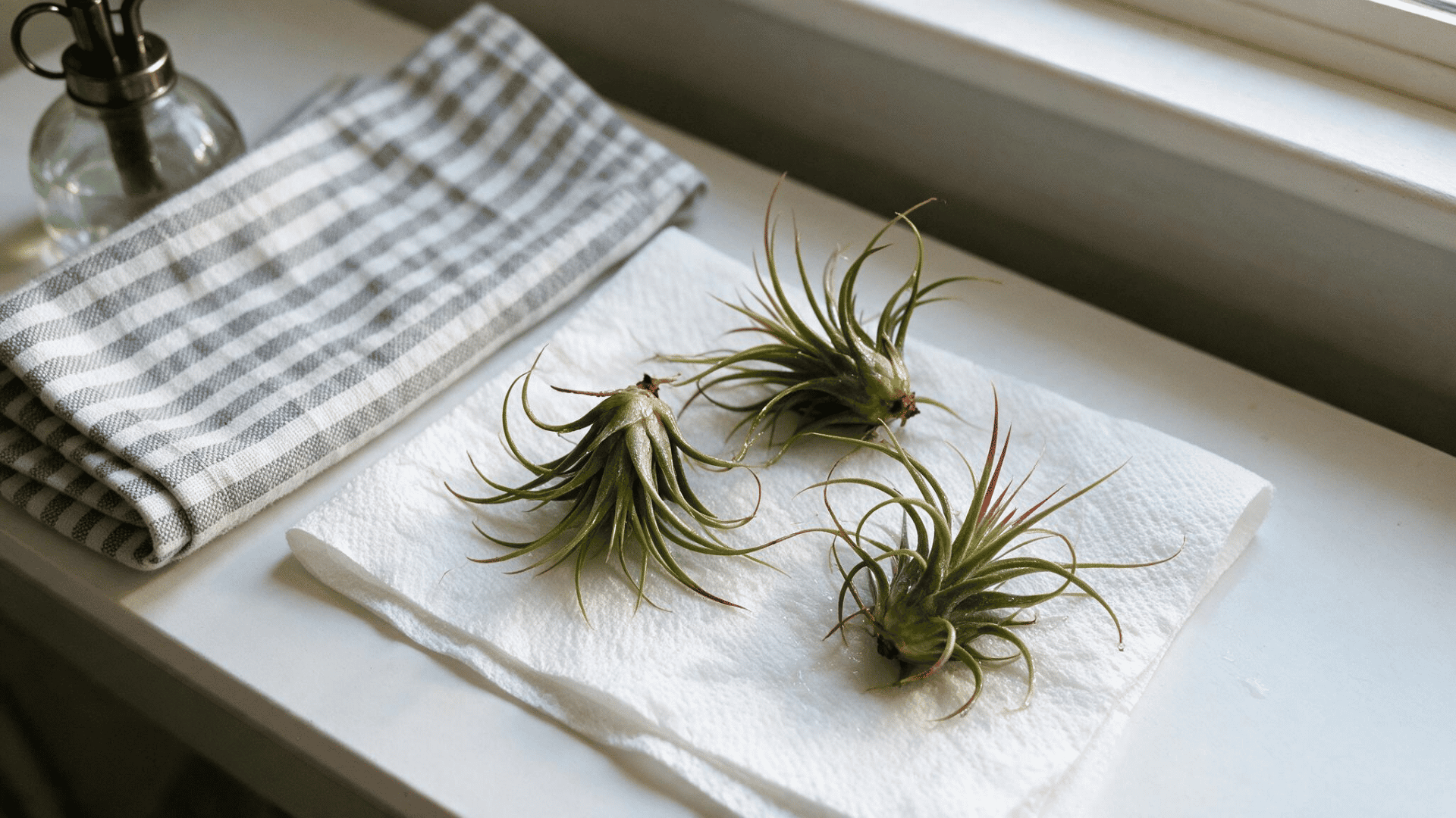 air plants drying on a paper towel after soaking