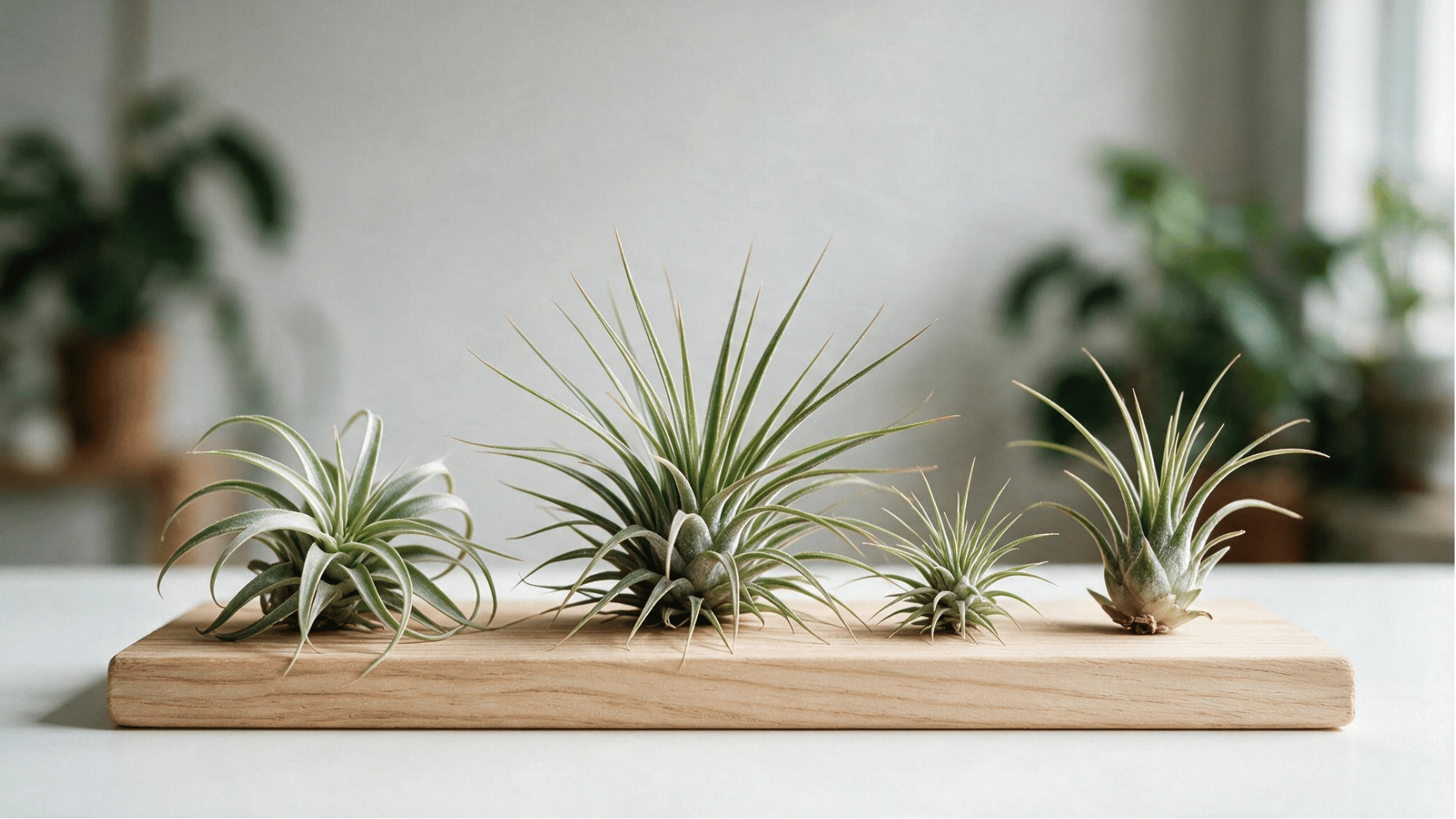 air plants arranged on a wooden board indoors, showing varied leaf shapes and sizes