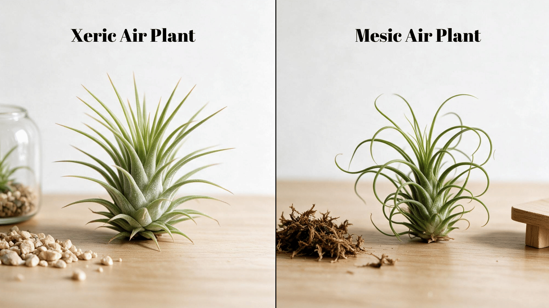 two different air plants with straight and curly green leaves displayed side by side on a wooden surface