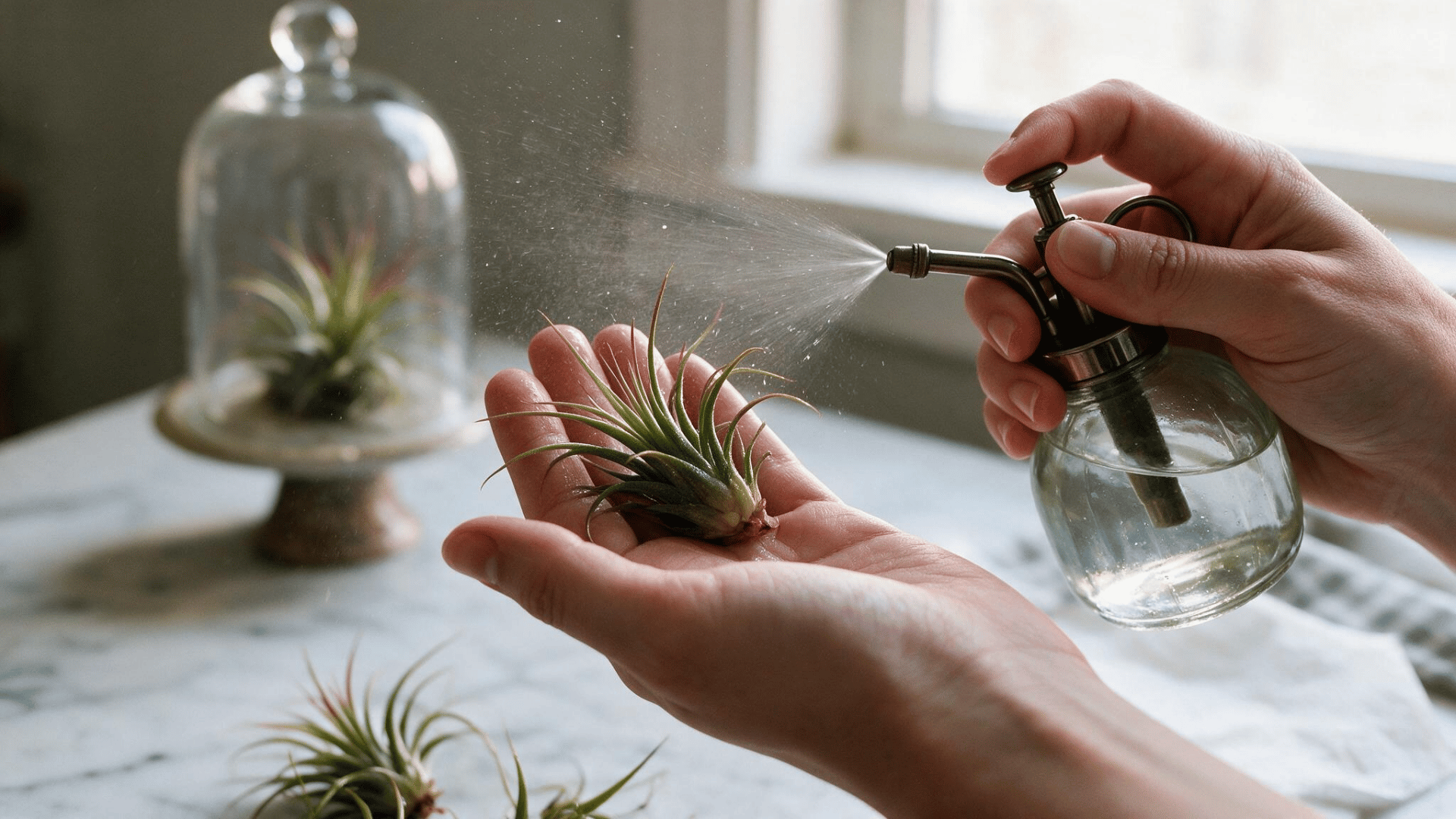 misting an air plant held in hand with a spray bottle