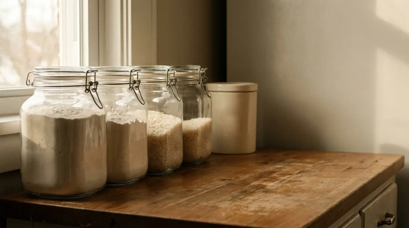 Jars of flour and rice on wooden counter in softly lit kitchen