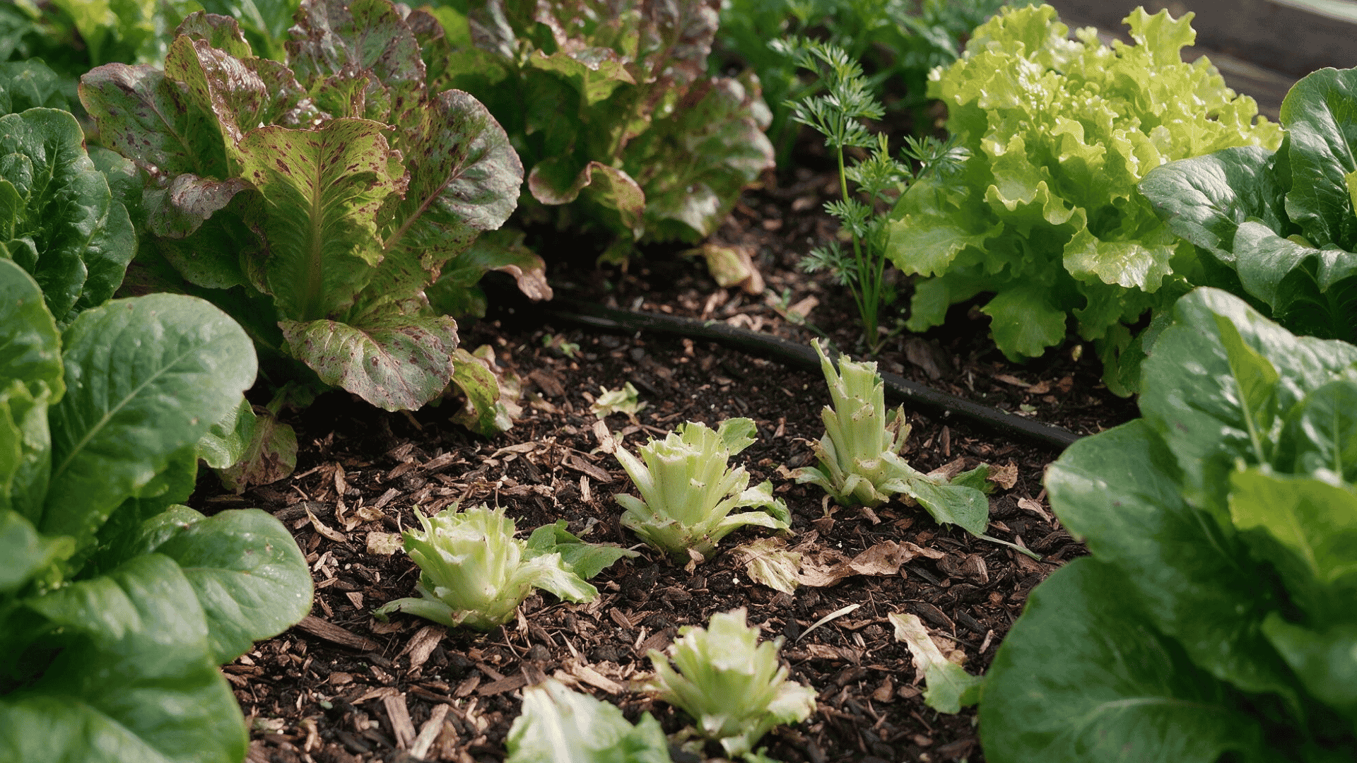 freshly cut lettuce stumps left in garden soil next to full-grown red and green lettuce plants to allow regrowth