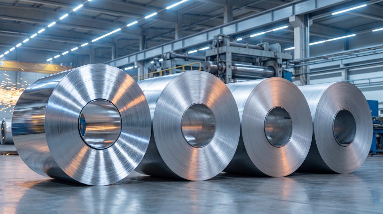 Rolls of steel sheet stacked in a large industrial warehouse with bright overhead lighting