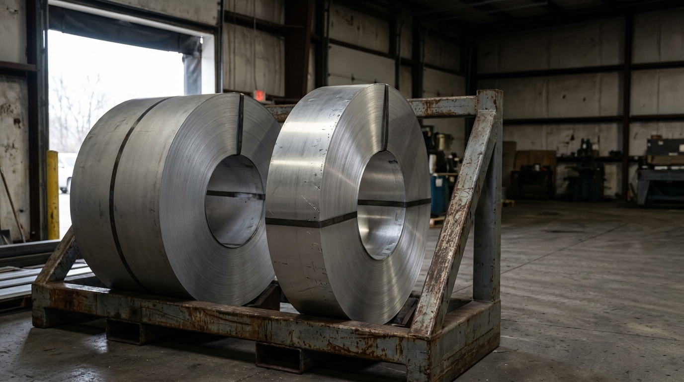 Steel coils on wooden pallet in a dimly lit industrial warehouse setting