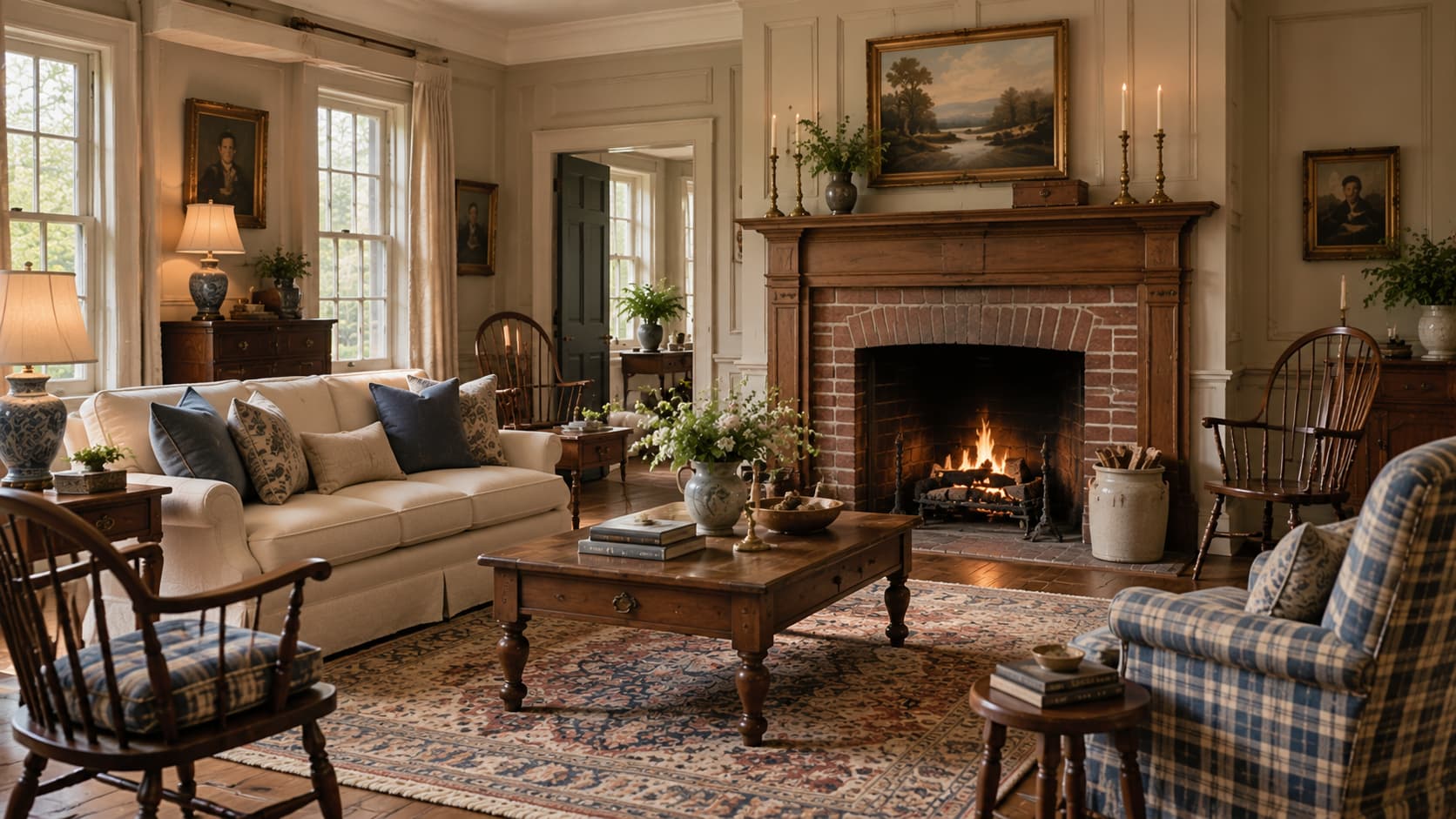 American traditional living room with warm wood tones, simple carved furniture, a brick fireplace, and classic framed artwork.