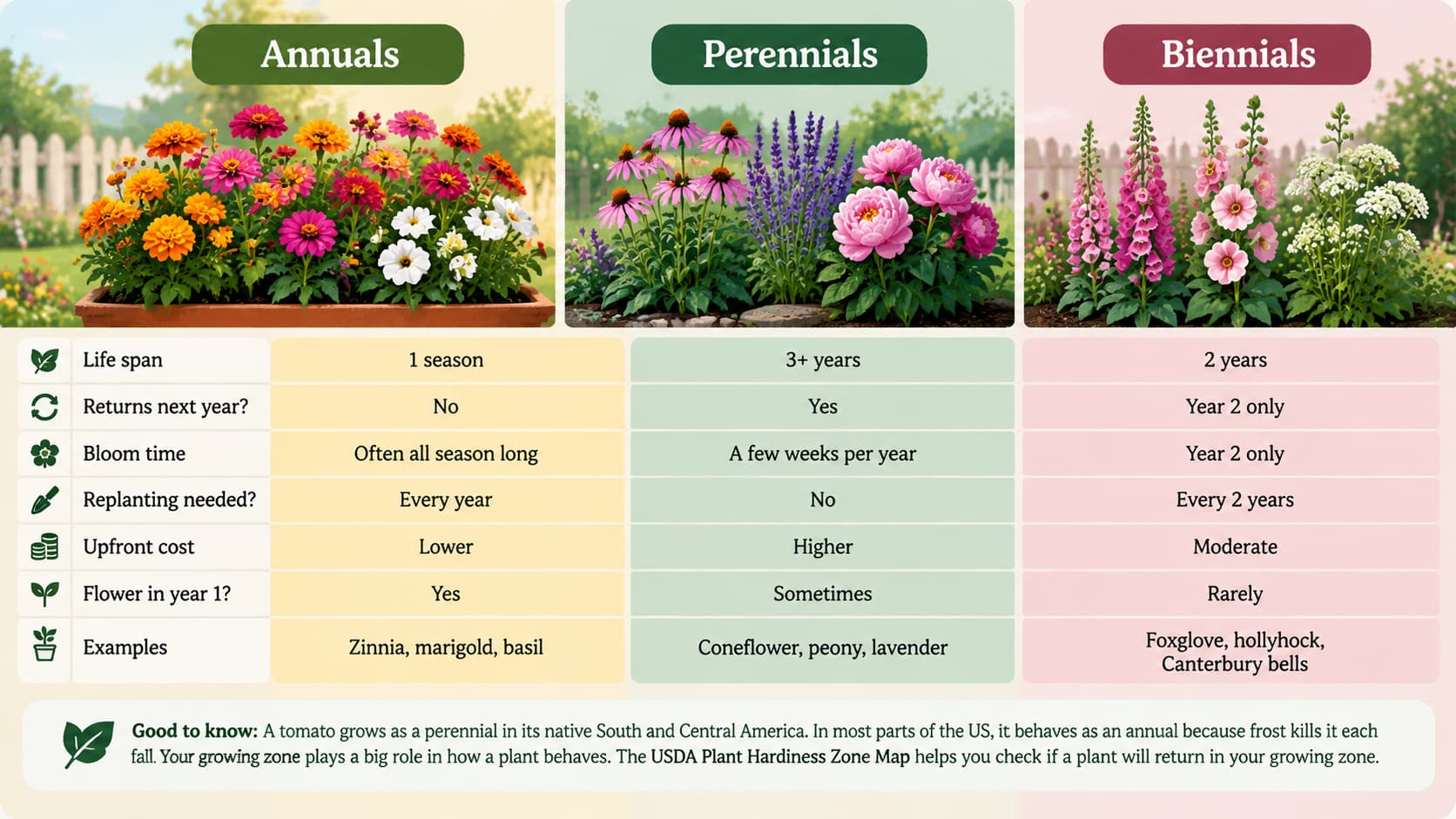 Chart comparing differences between annual, perennial, and biennial garden plants.