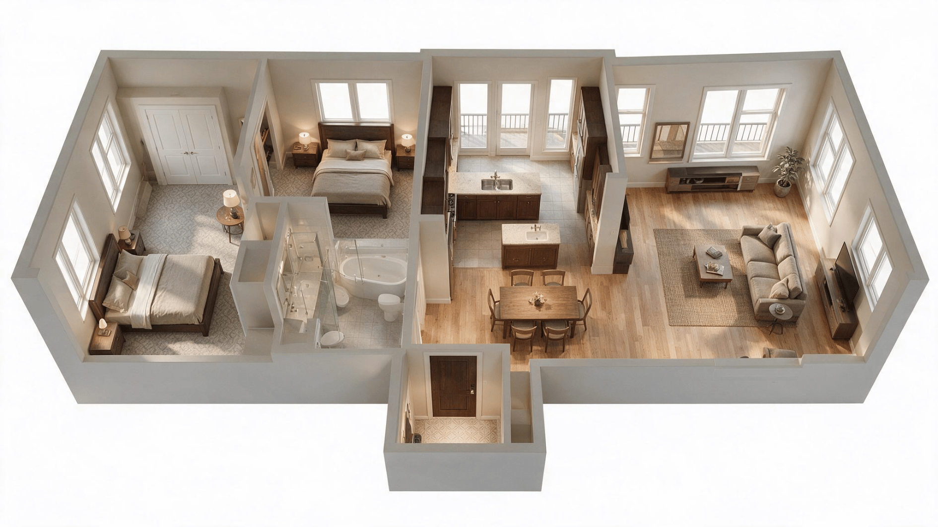 2 bedroom apartment layout with furnished rooms and private ensuite connected to the primary bedroom