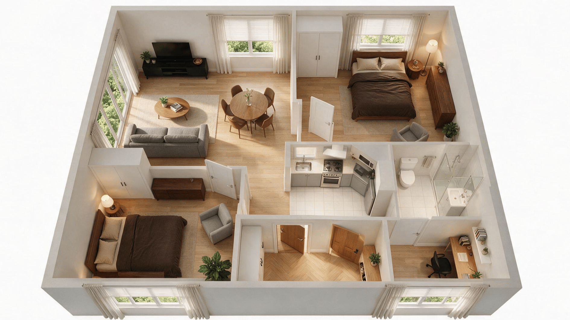 2 bedroom apartment with home office clear entry windows and easy room-to-room circulation