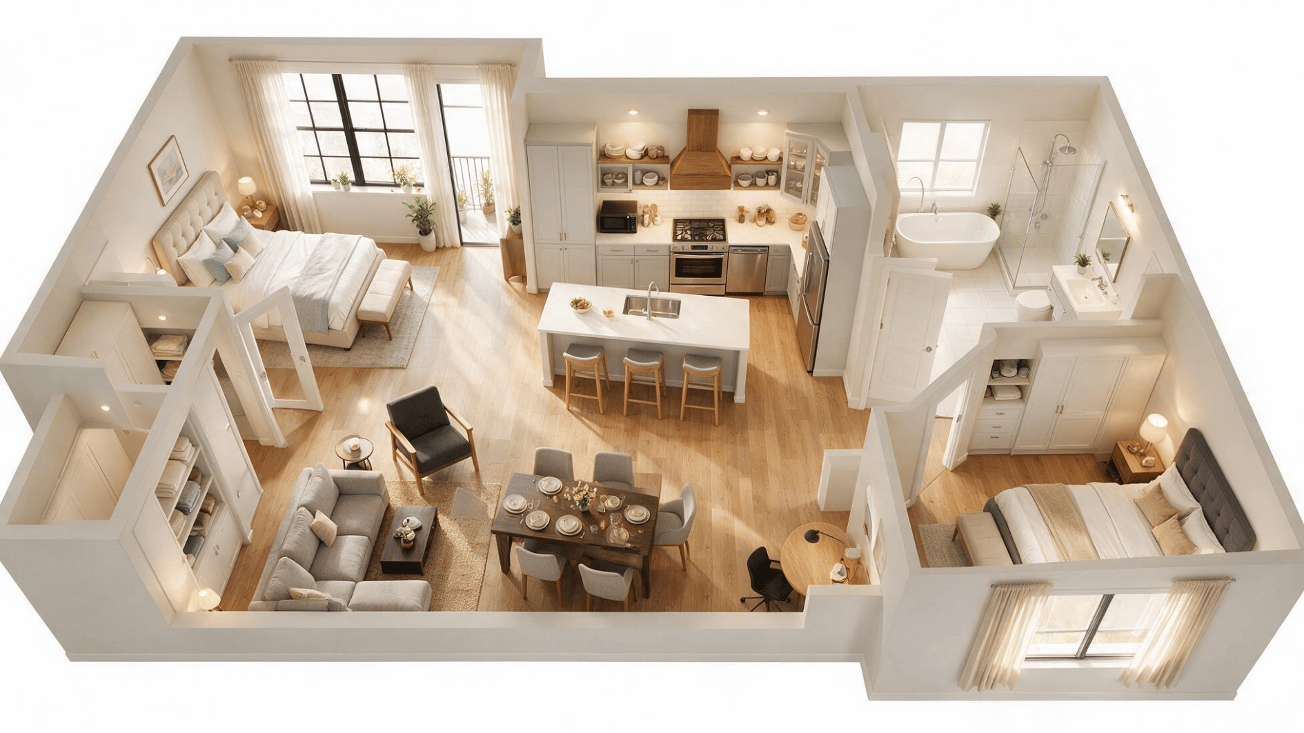 2 bedroom apartment layout with furnished rooms kitchen island and clear open circulation