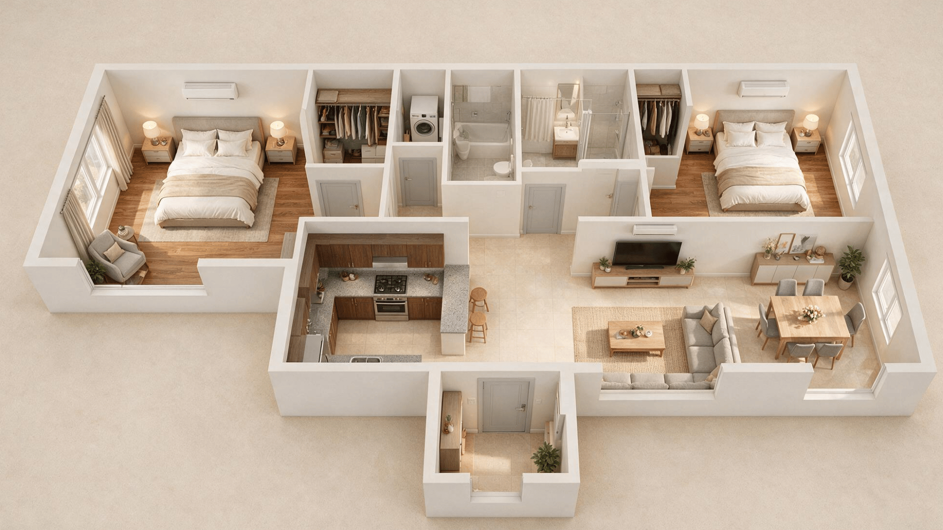 2 bedroom apartment layout with laundry room, visible entrance, furnished rooms, and clear circulation