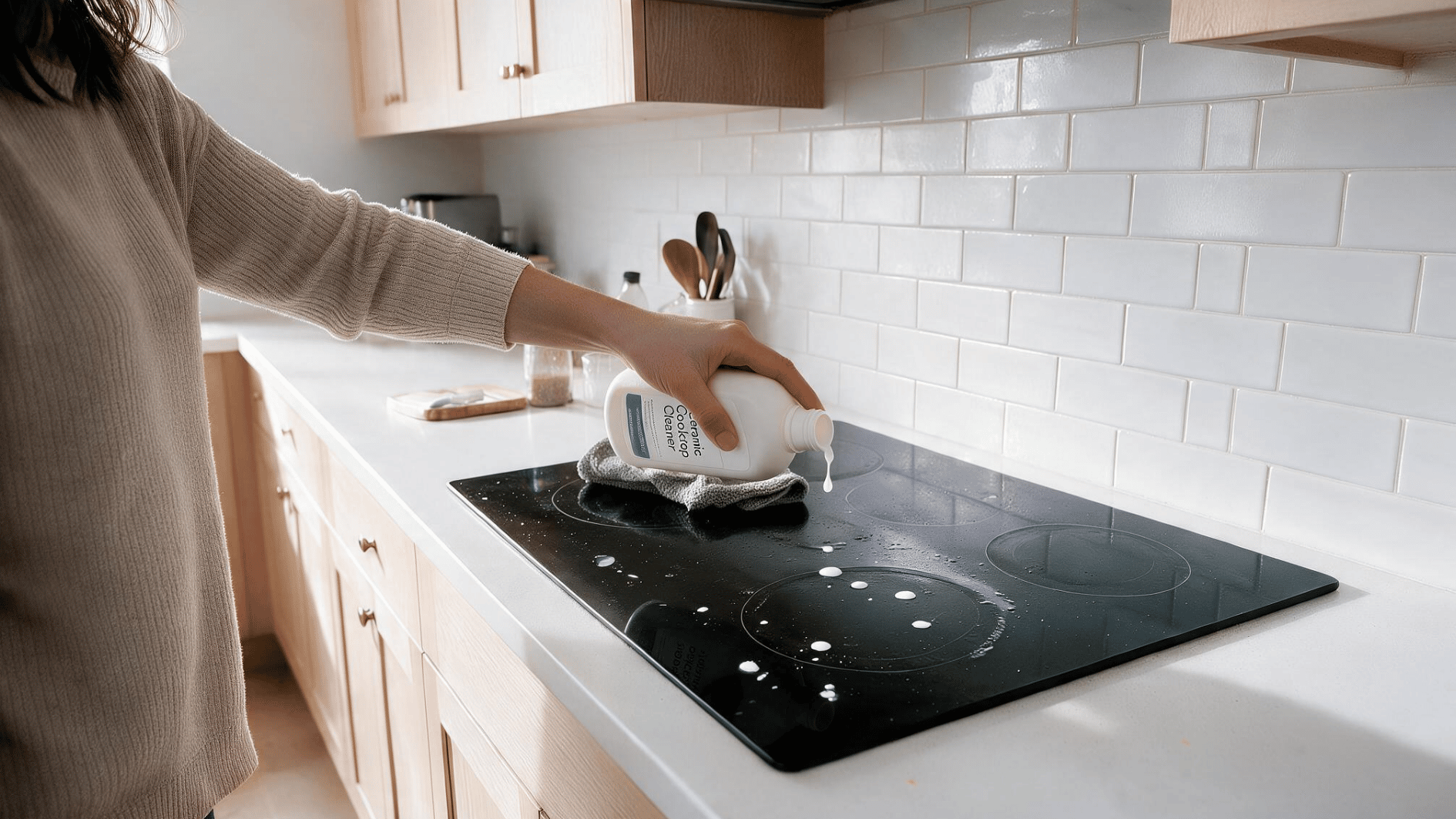 person applying glass stove top cleaner to a black cooktop before wiping the surface with a cloth