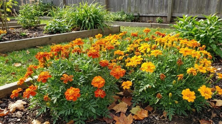 A vibrant bed of orange and yellow marigolds blooming in a raised garden bed.