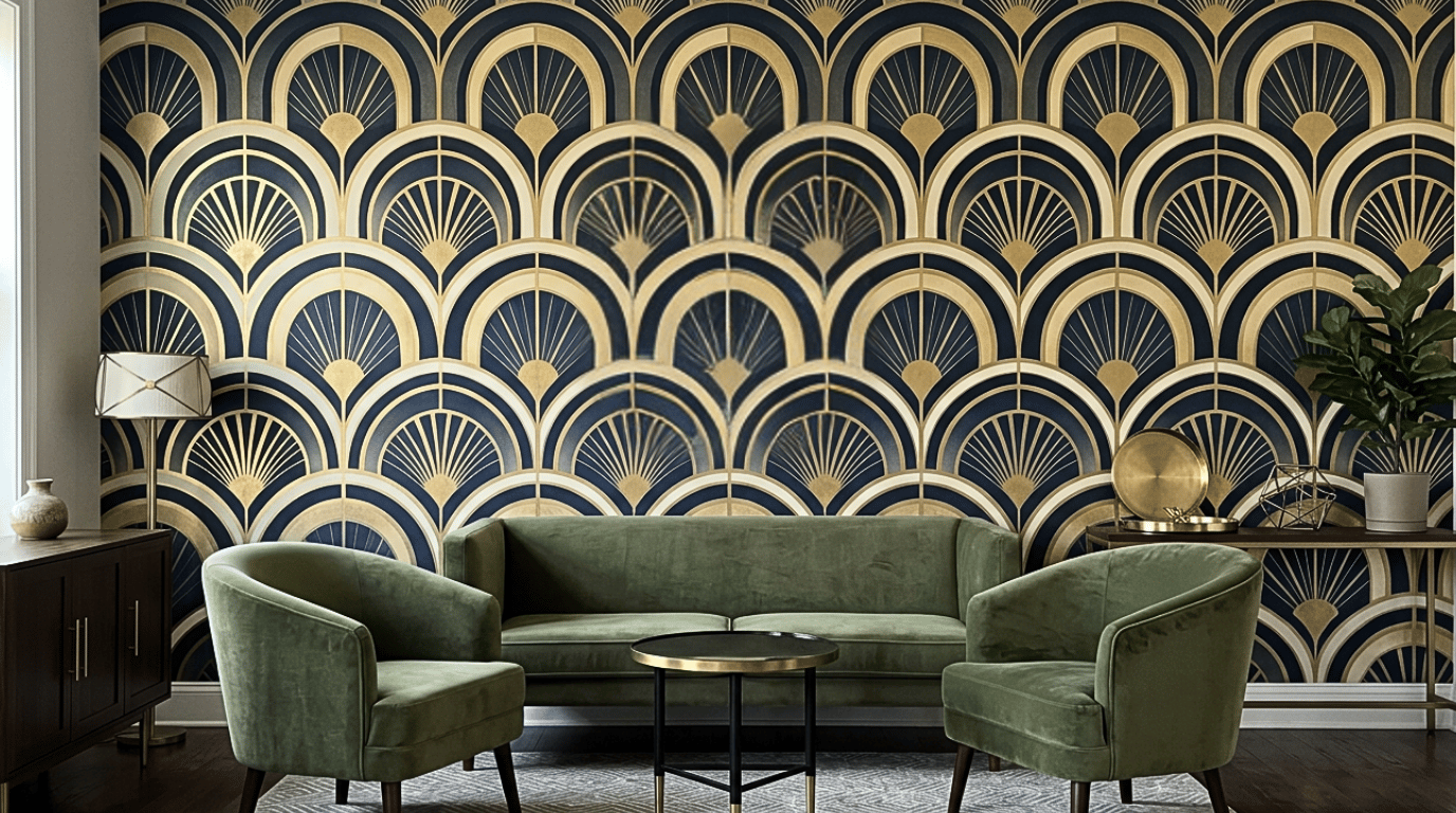 art deco wallpaper with symmetrical fan motifs sharp arches and rich period-inspired geometry on an accent wall