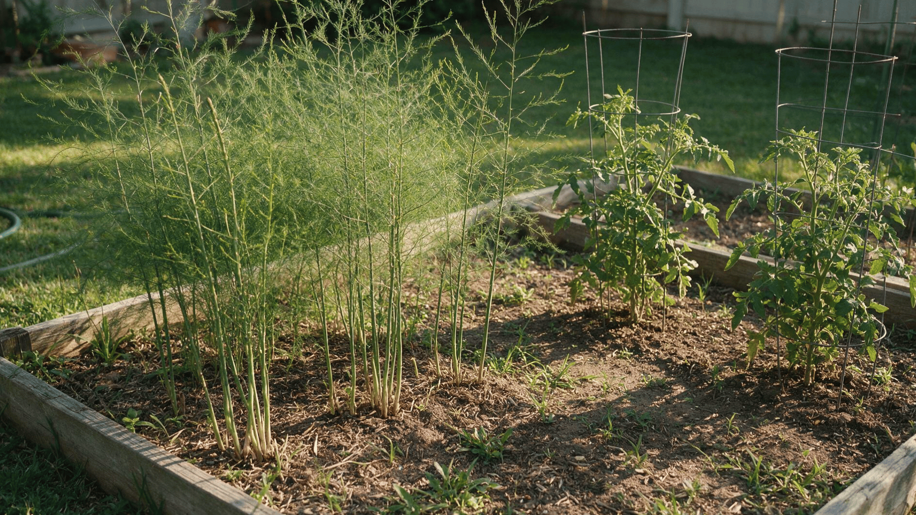 mature asparagus foliage growing near caged tomato plants in an established home garden bed