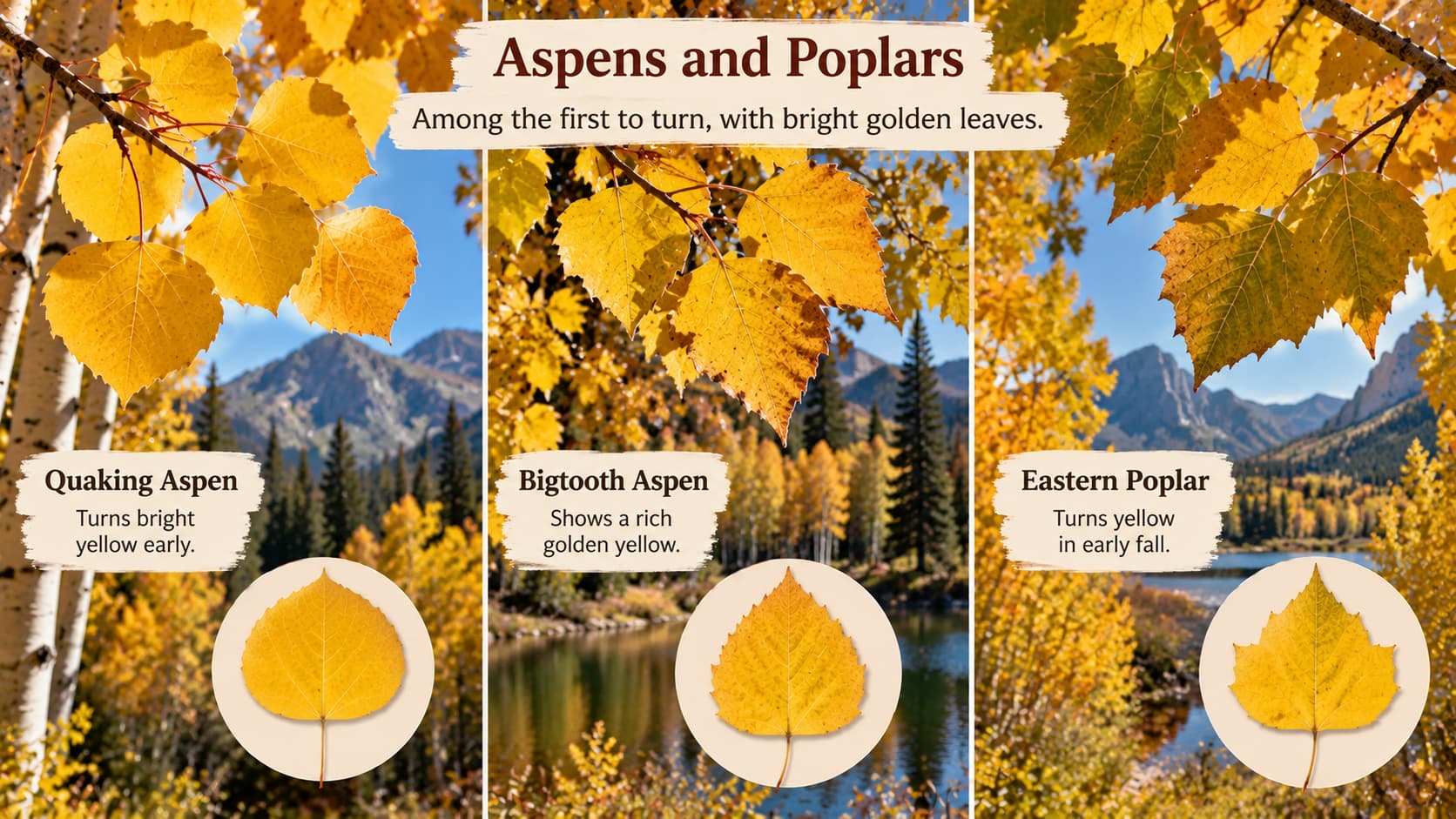 A three-panel infographic displaying golden Quaking Aspen leaves, rich golden Bigtooth Aspen leaves, and yellow Eastern Poplar leaves.