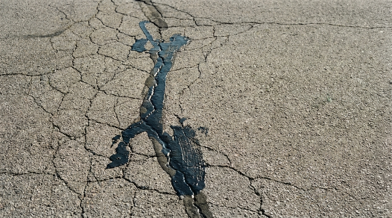 Cracked asphalt pavement with dark liquid seeping through under sunlight