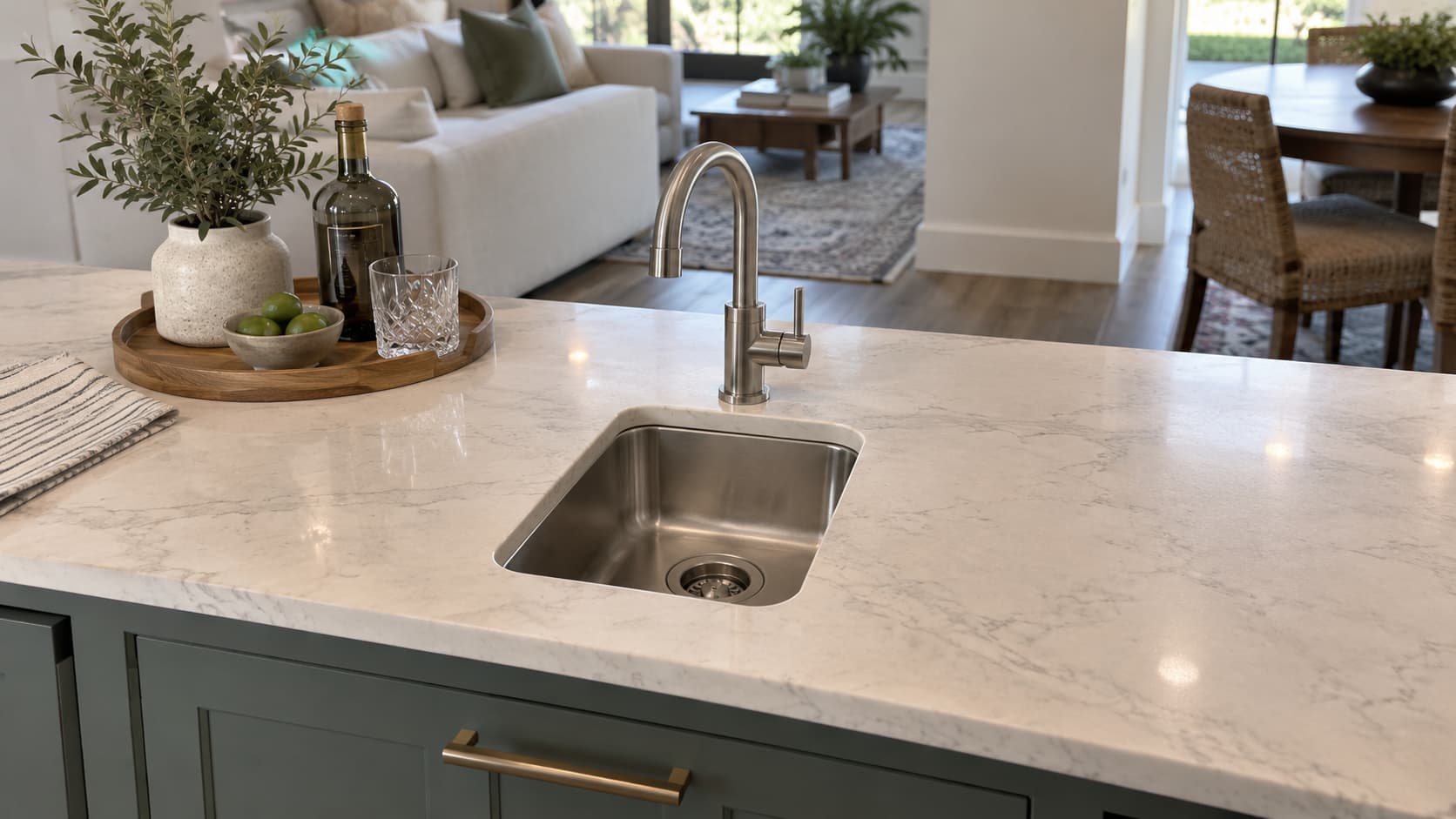 Small square bar prep sink installed on a kitchen island.