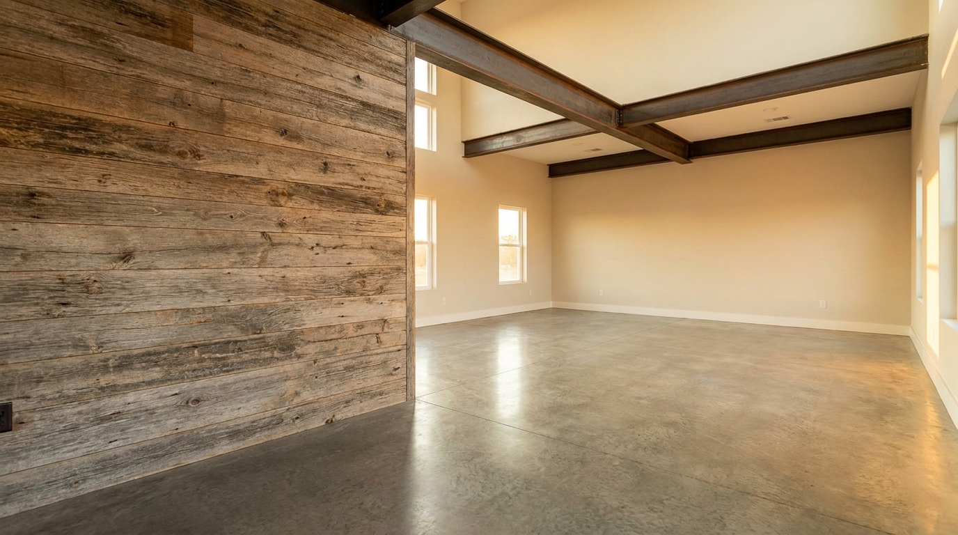 Spacious room with wooden accent wall and exposed ceiling beams in natural light