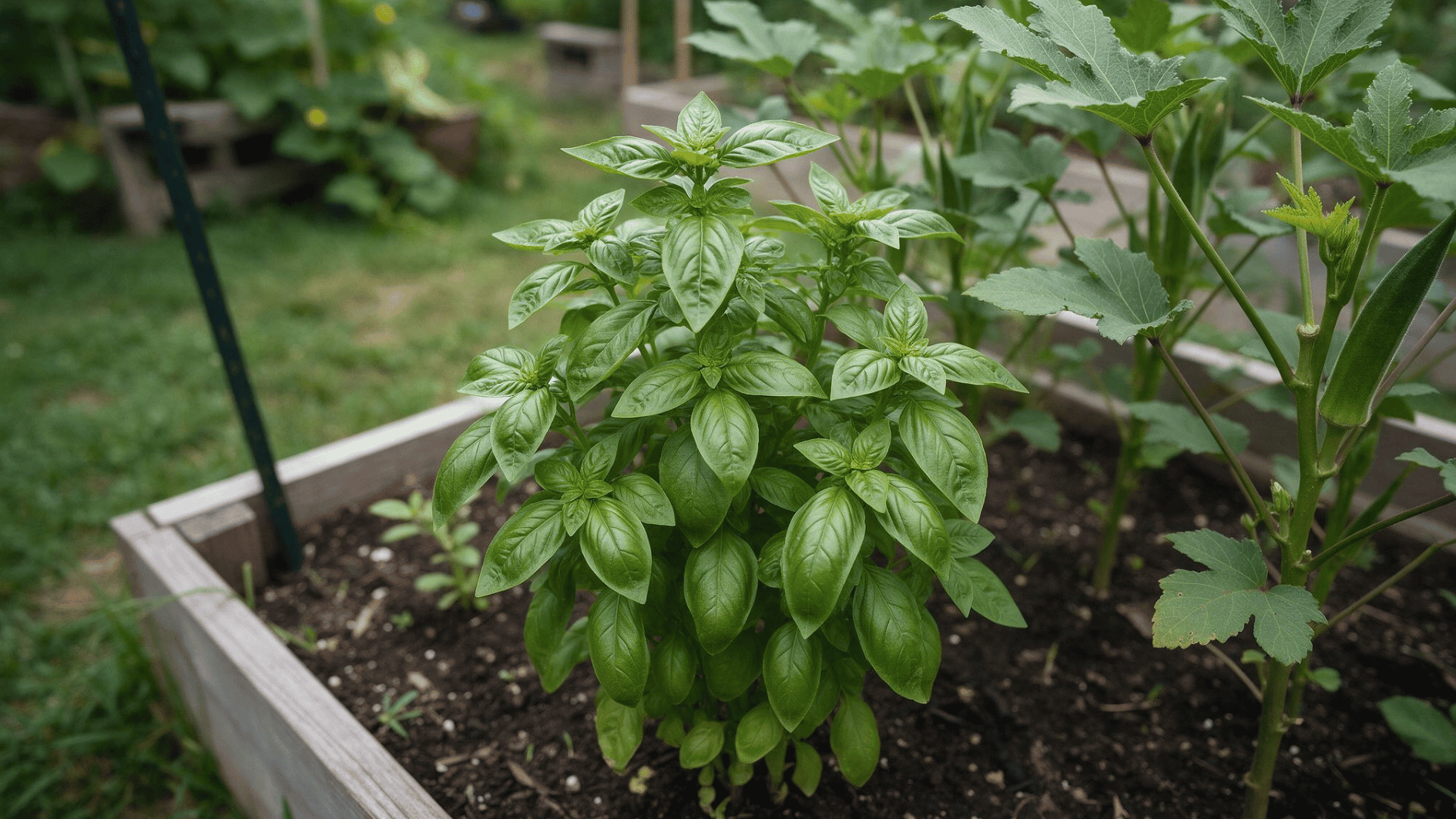 okra plant groing beside basil as a companion plant in a garden bed