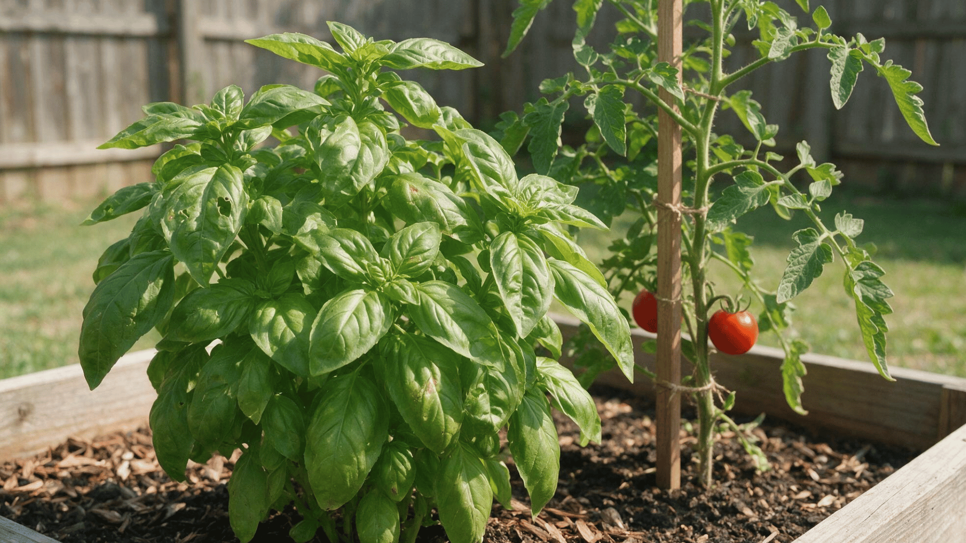 basil growing beside healthy tomato plants in a sunny raised backyard garden bed