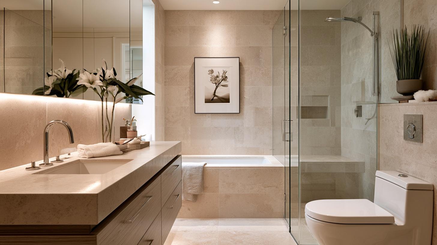 Modern bathroom with glass shower, beige tiles, white fixtures, and decorative plants on countertop