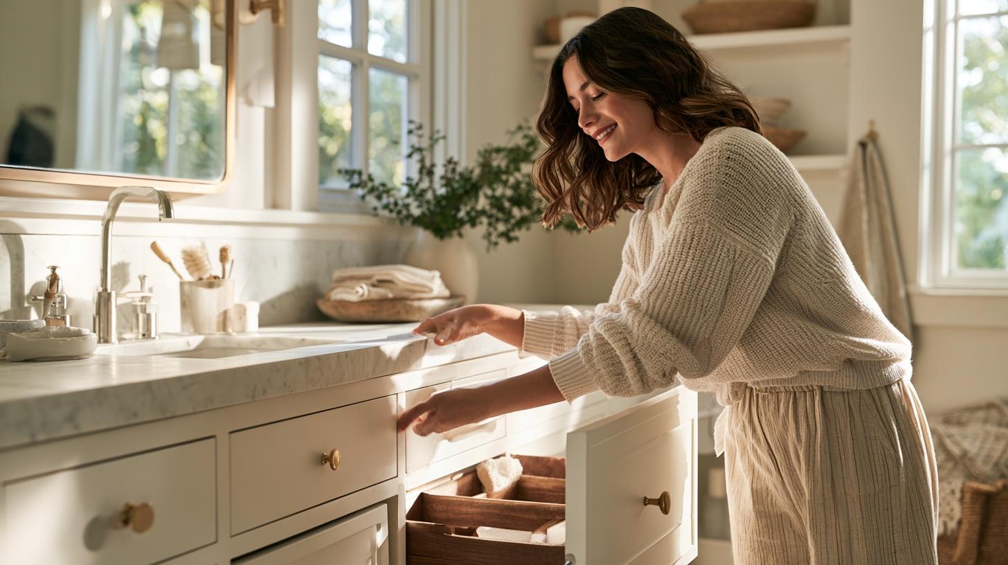 Woman in cozy sweater opening bathroom drawer in bright, sunlit room with plants and towels