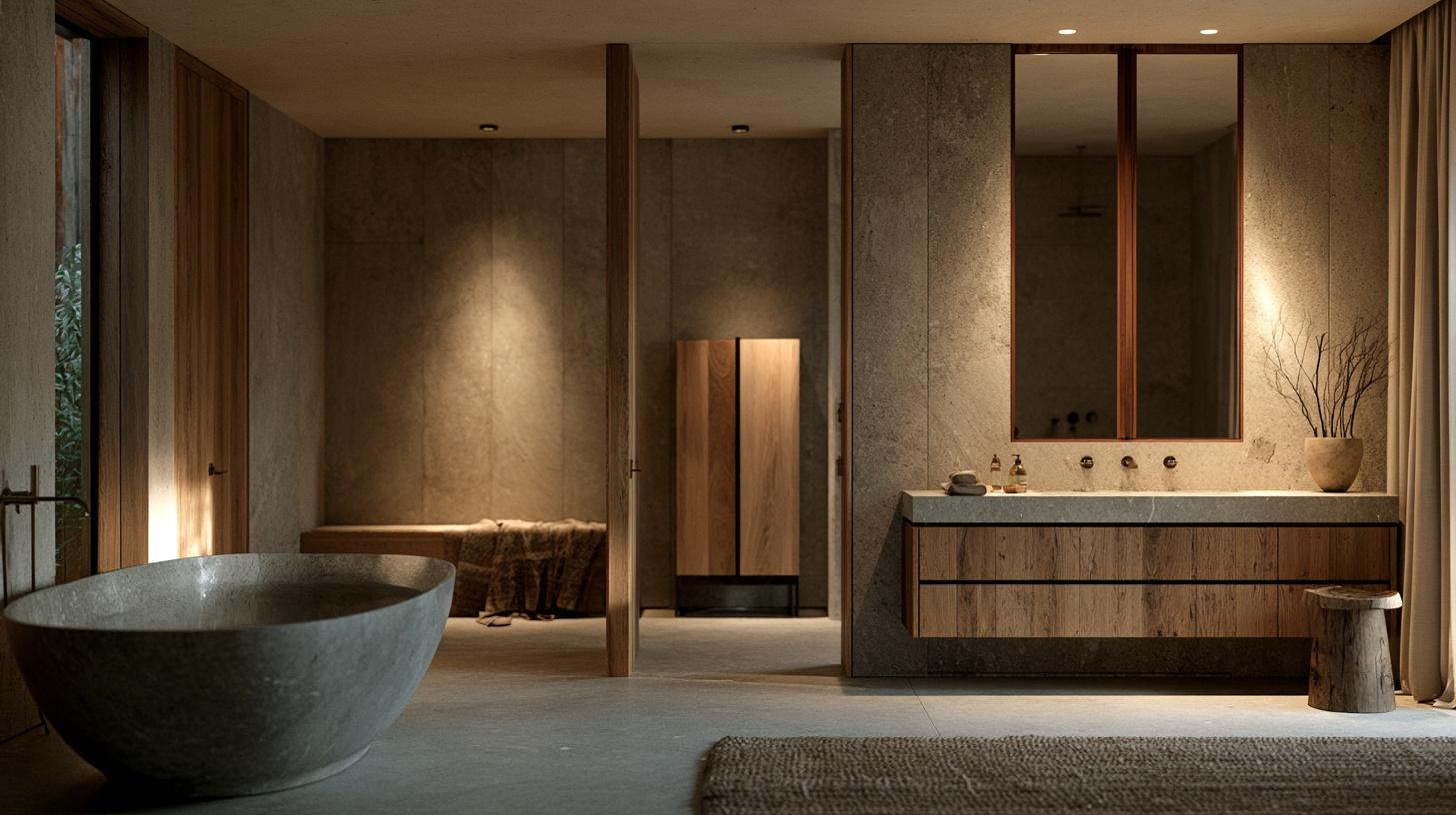 Modern bathroom with stone bathtub, wooden vanity, and soft ambient lighting