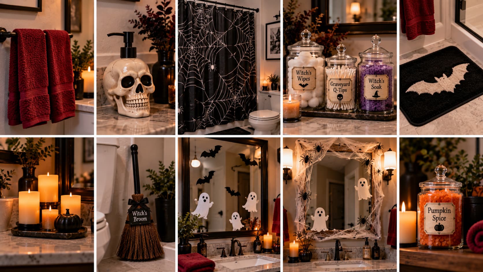 A ten-panel collage depicting Halloween bathroom decor with a skull soap dispenser, spiderweb shower curtain, red hand towels, bat bath mat, and battery candles.