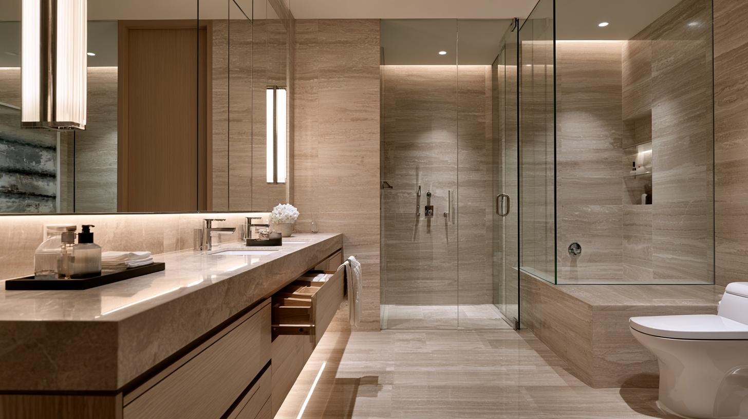 Luxurious bathroom with marble countertops, glass shower, and wooden cabinetry in soft warm lighting