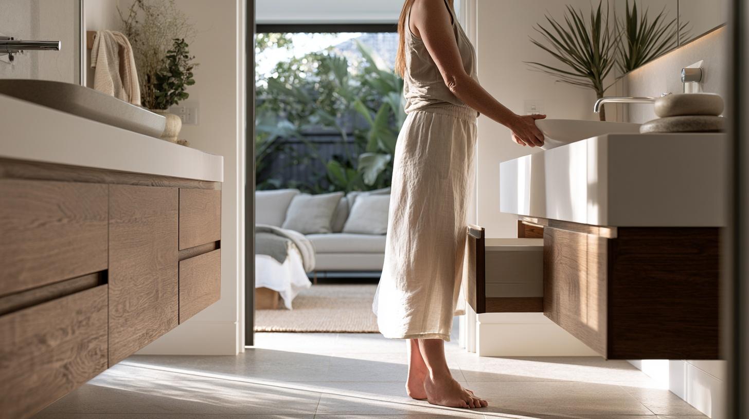 Person standing by wooden bathroom vanity with open drawer, bright natural light streaming in