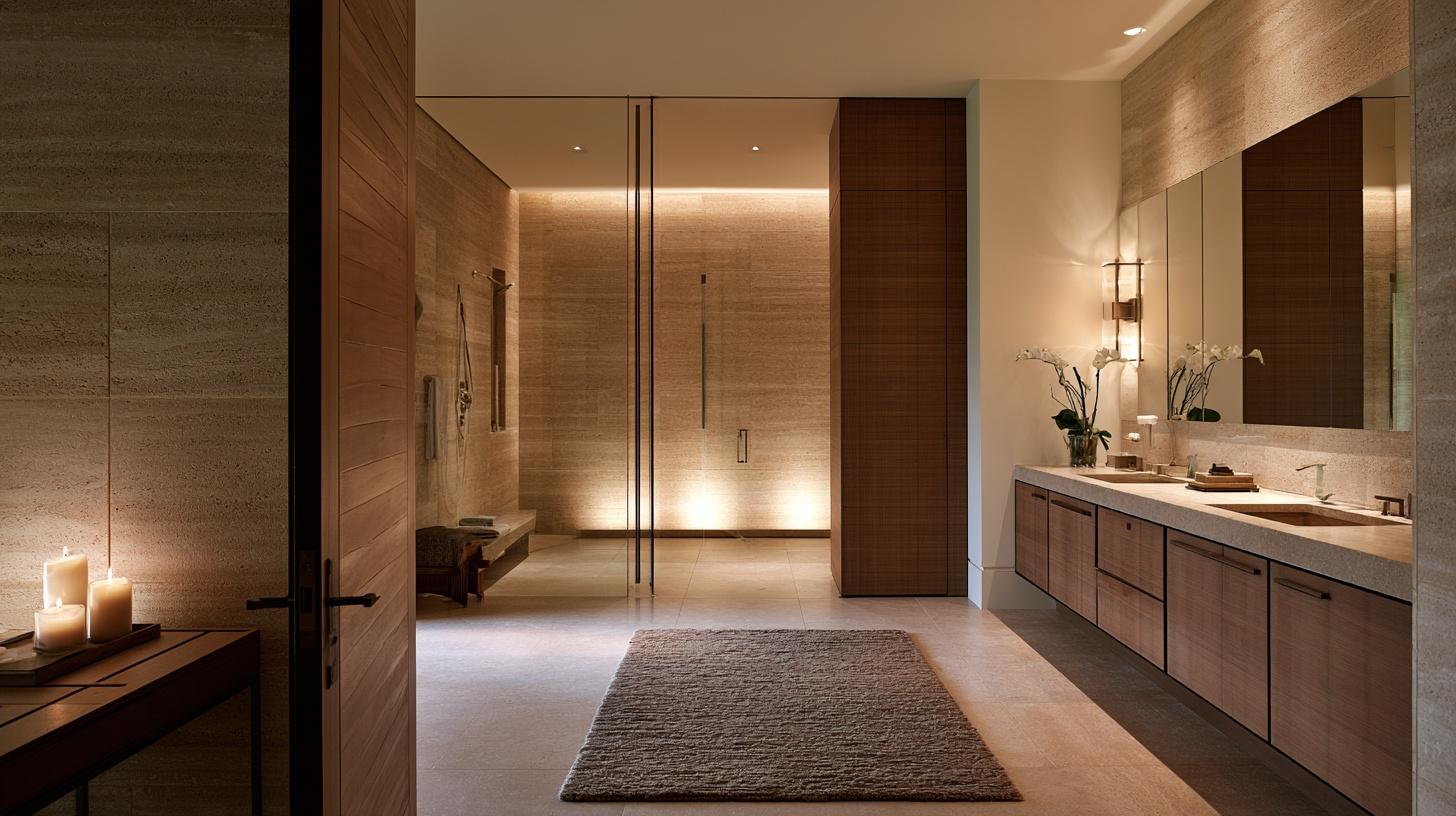 Modern bathroom with double vanity, soft lighting, and large mirrors featuring wooden cabinets