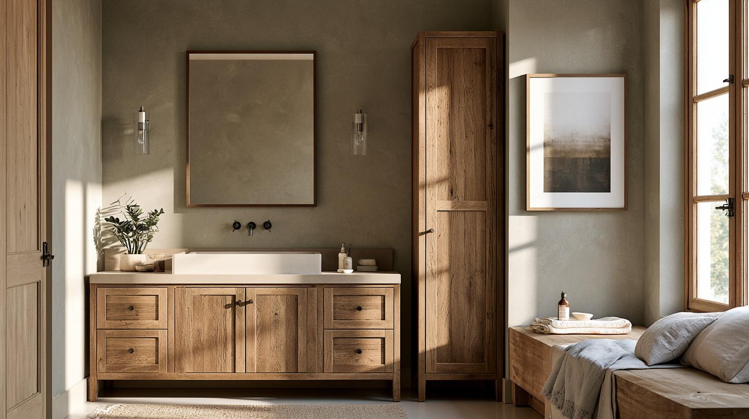 Wooden bathroom vanity with modern sink, large mirror, and decorative plants in warm natural light