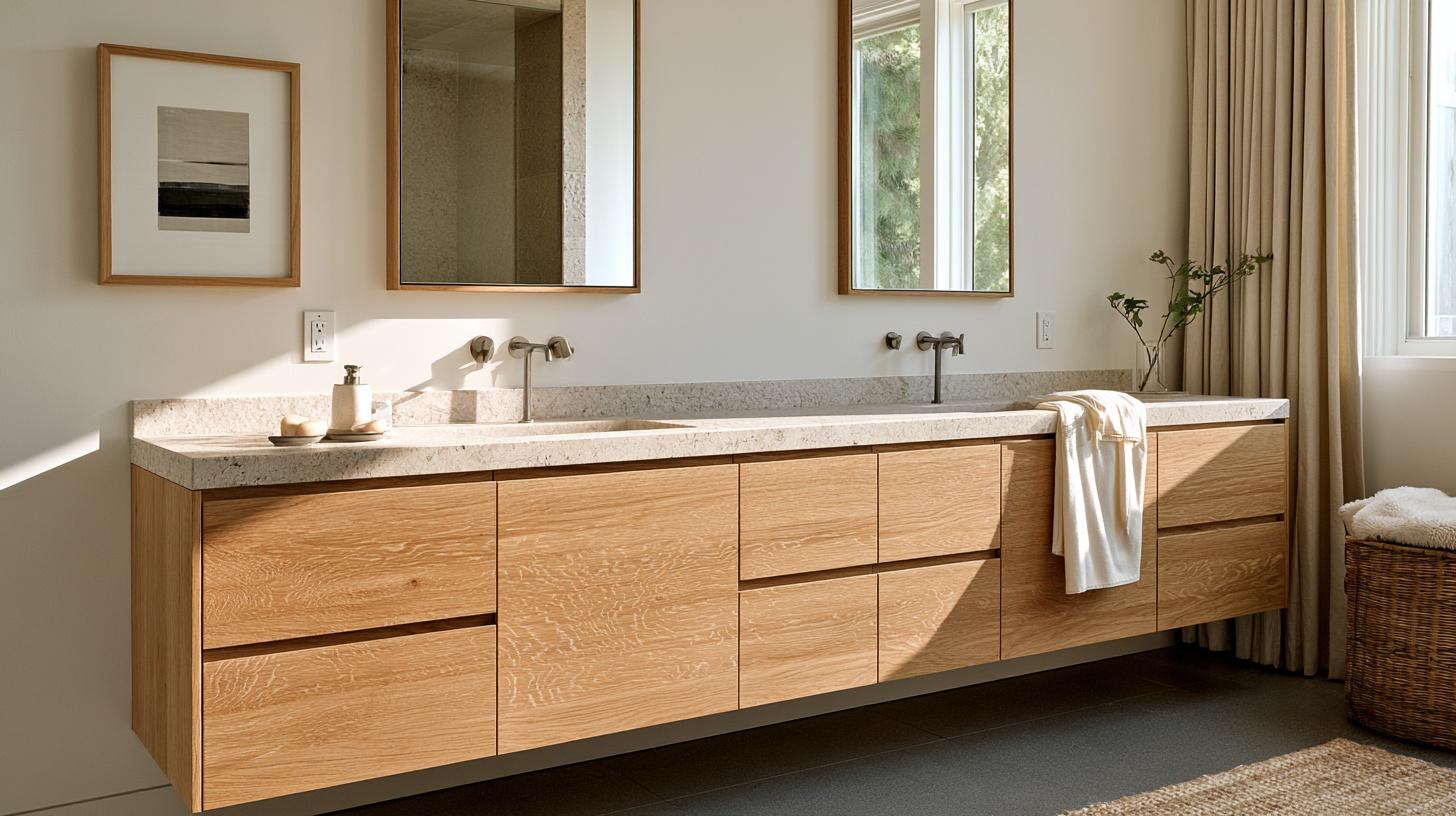 Floating wooden vanity with dual sinks and mirrors in a bright, minimalist bathroom