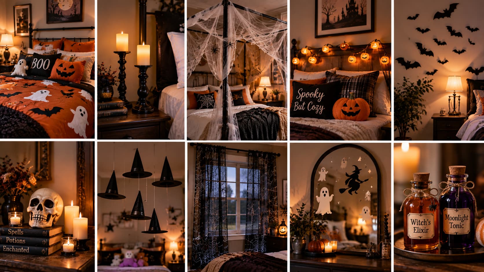 A ten-panel collage showcasing spooky bedroom decor, featuring pumpkin headboard lights, Halloween duvet covers, wall bats, gothic candleholders, and sheer black curtains.