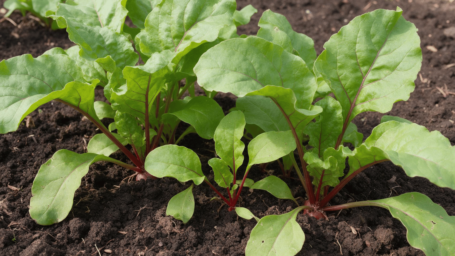 beet plants with broad green leaves and red stems growing in dark garden soil