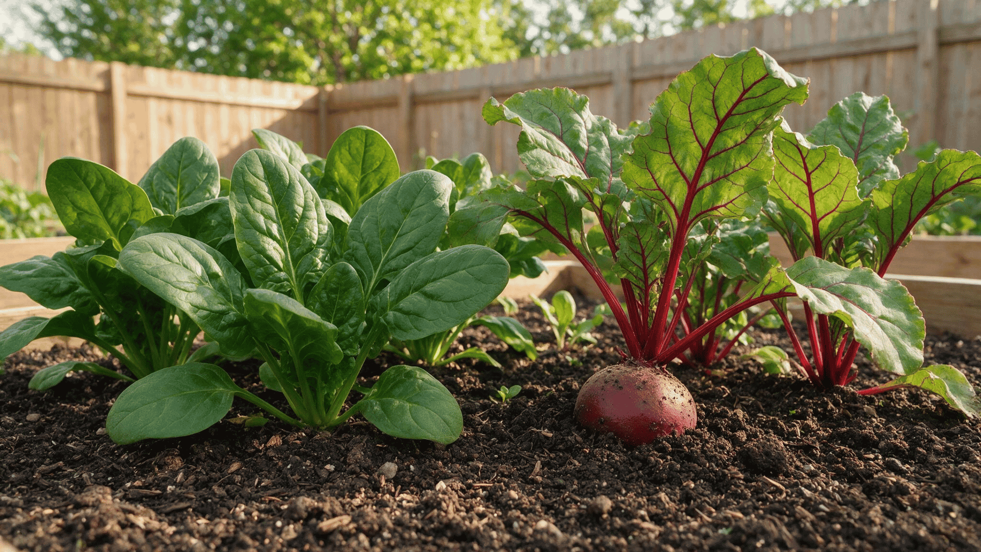 spinach growing beside a beet plant with exposed root in garden soil
