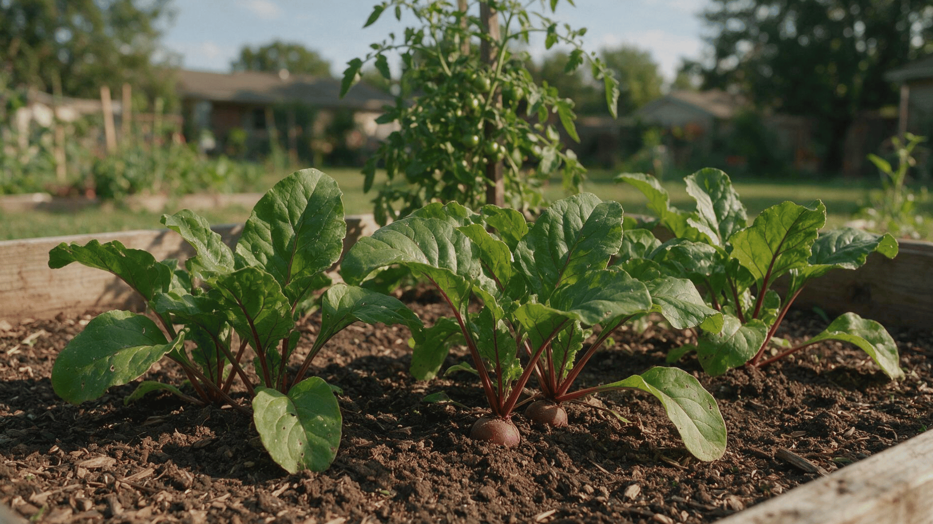 beet plants with green leaves and red stems growing near tomatoes in a home vegetable garden
