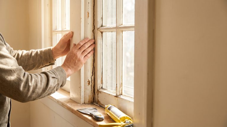 Hands repairing wooden window frame with putty knife and caulking gun in warm afternoon light
