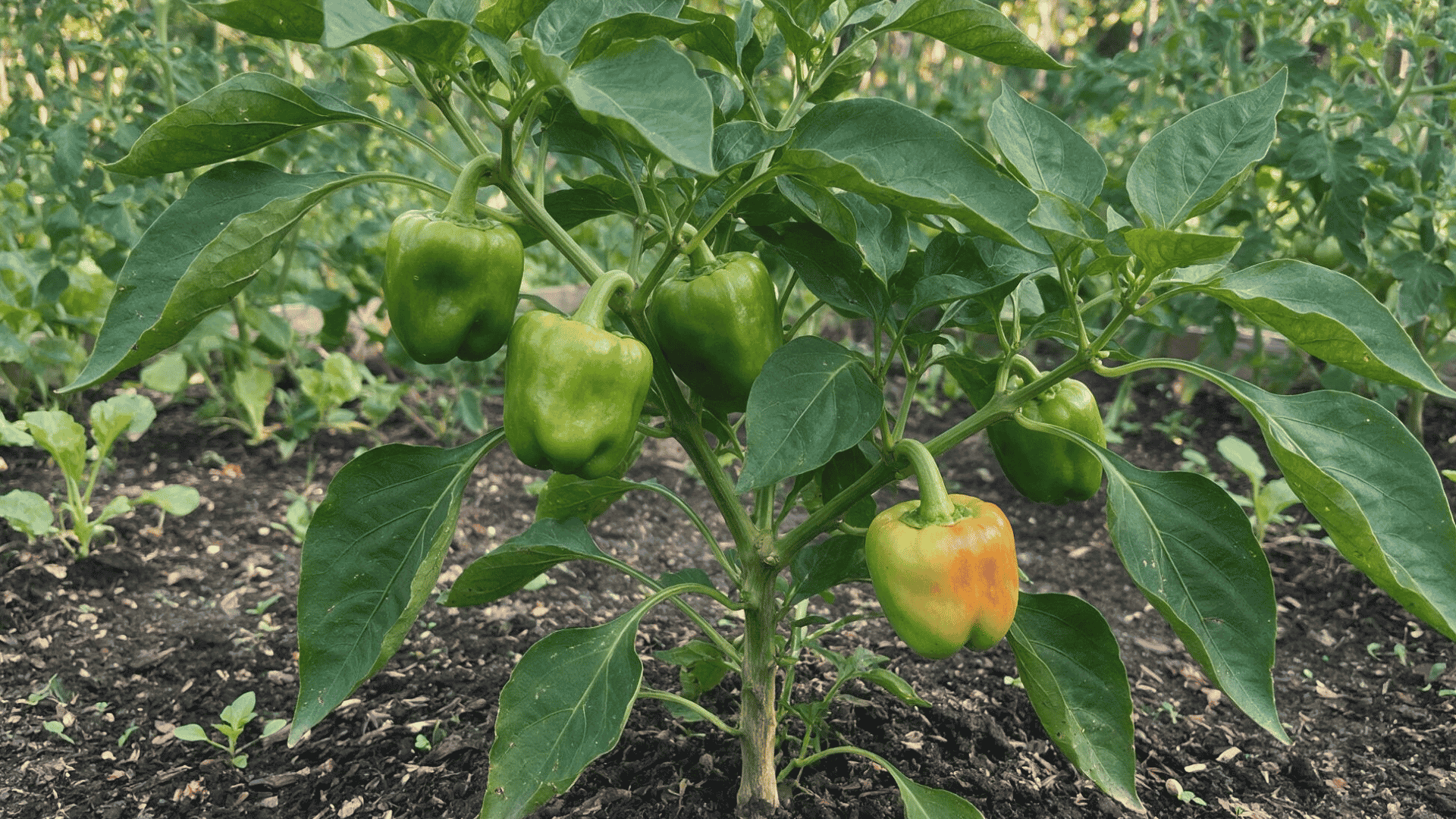 green bell pepper plant with several ripening peppers growing naturally in a backyard garden bed